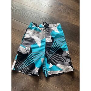 Kanu Surf Boys Swim Trunks Size 10-12 Geometric Print Blue Black Gray Cargo Poc